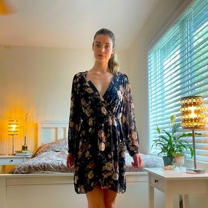 Floral Navy & Dusty Pink Long-Sleeve Dress